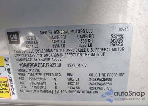 2015 Chevrolet Traverse 1Lt z USA, uszkodzony, nr VIN 1GNKRGKD5FJ292200